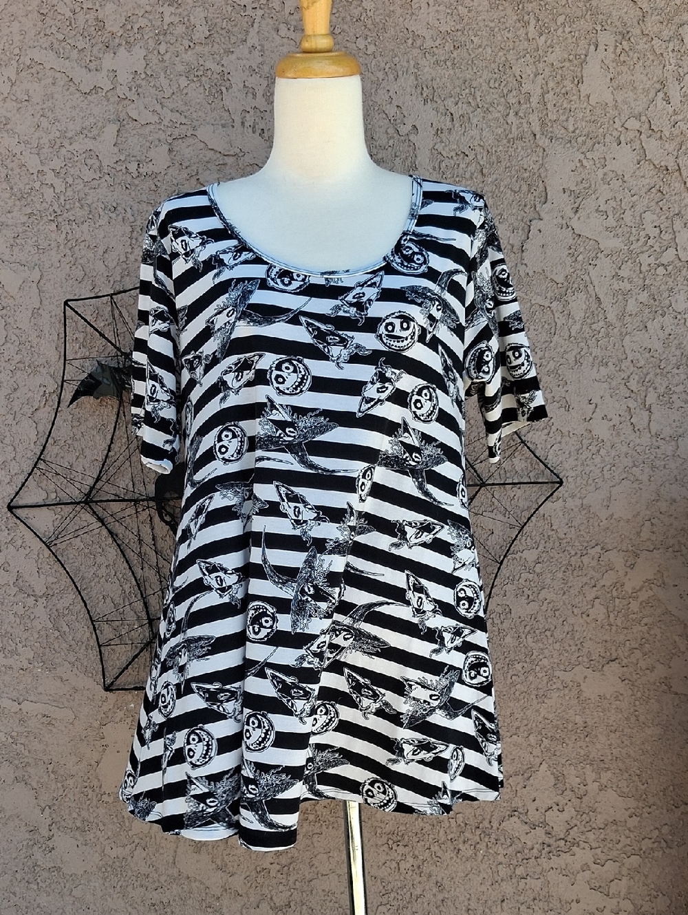 Nightmare Before Christmas Black & White Striped Graphic Scoop Neck Top